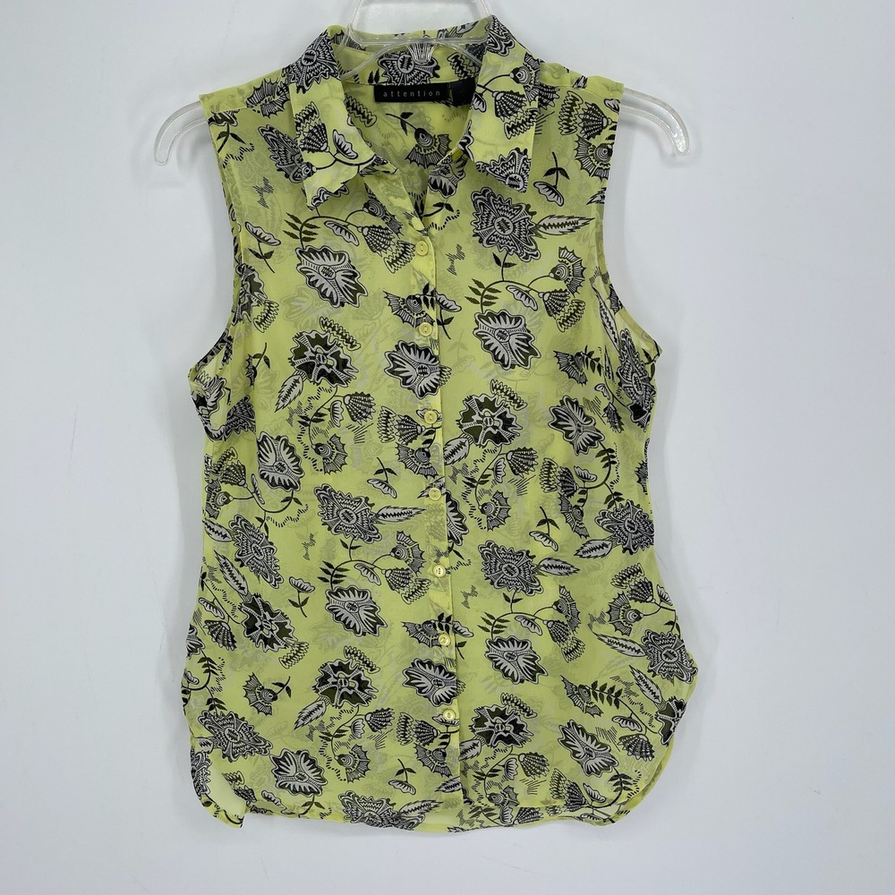 Attention Women's Yellow Floral Sleeveless Semi Sheer Button Front Blouse Size S
